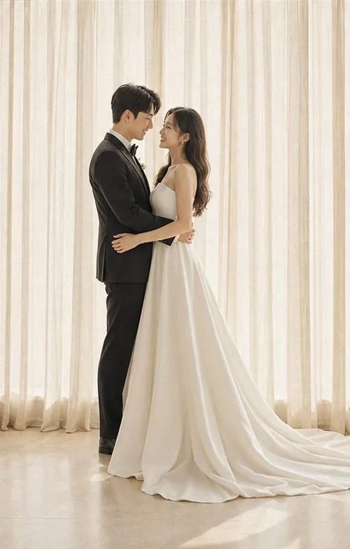 아이보리 커튼 앞에서 서로를 안은 신랑과 신부의 웨딩 사진