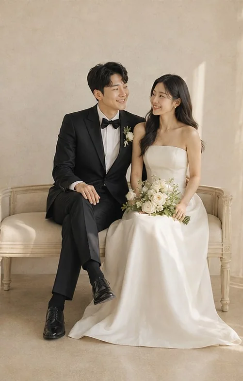 함께 앉아 환하게 웃는 신랑과 신부의 웨딩 사진