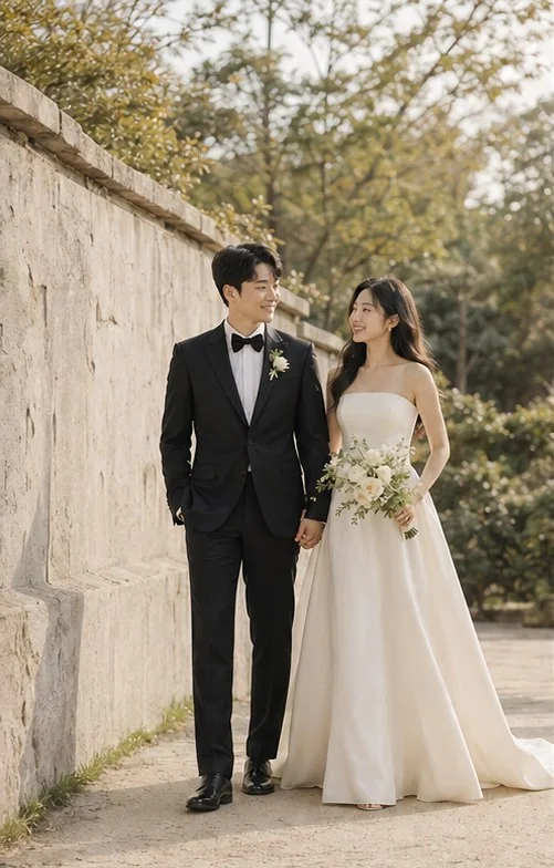 돌담 옆을 나란히 걷는 신랑과 신부의 웨딩 사진