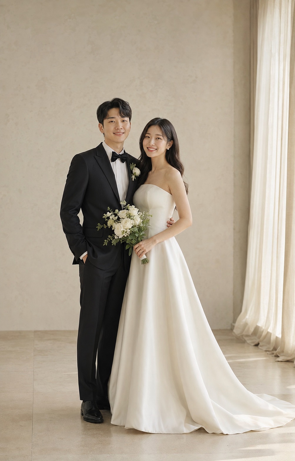 햇살이 드는 스튜디오에서 함께 선 신랑과 신부의 예시 웨딩 사진